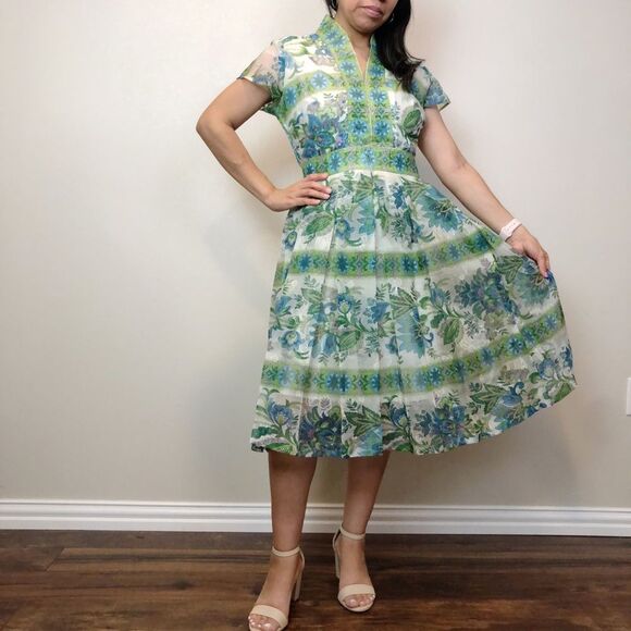Vintage Avalon Floral Print Dress Fit & Flare Pleated Velvet Detail 60s Size 10 - Picture 1 of 16